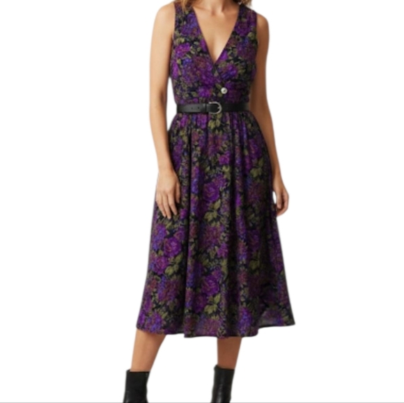 Vintage Floral Black Purple Long Sleeveless Sundress - Picture 1 of 10